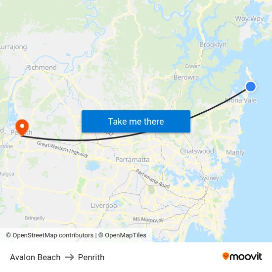 Avalon Beach to Penrith map