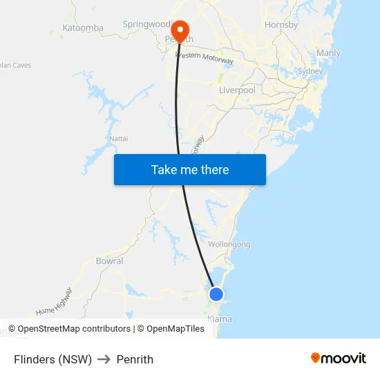 Flinders (NSW) to Penrith map