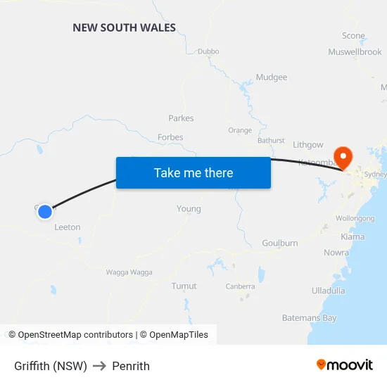Griffith (NSW) to Penrith map