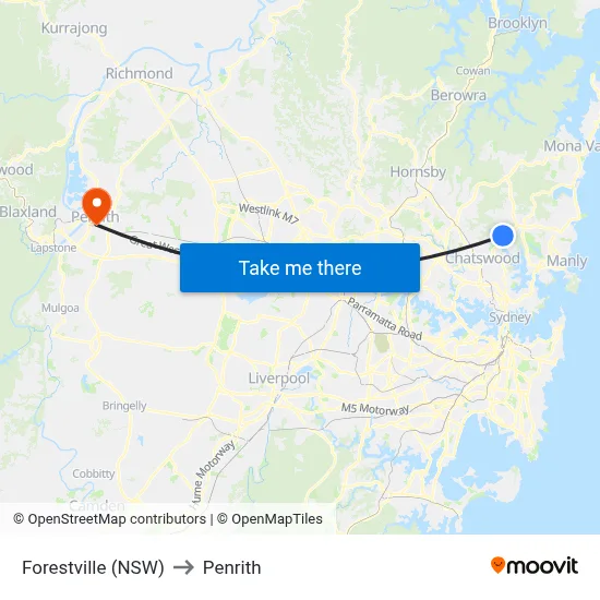 Forestville (NSW) to Penrith map