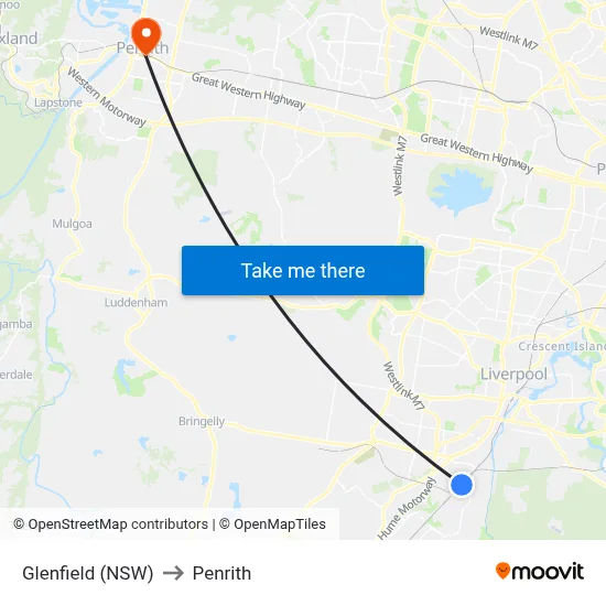 Glenfield (NSW) to Penrith map