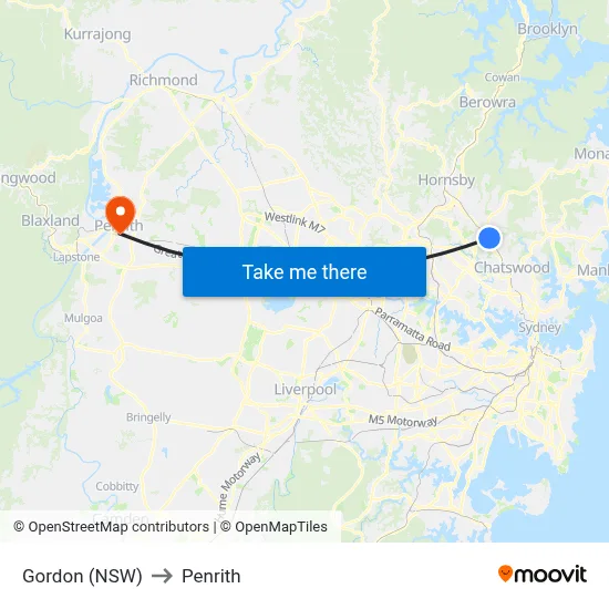 Gordon (NSW) to Penrith map