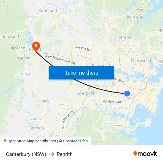 Canterbury (NSW) to Penrith map