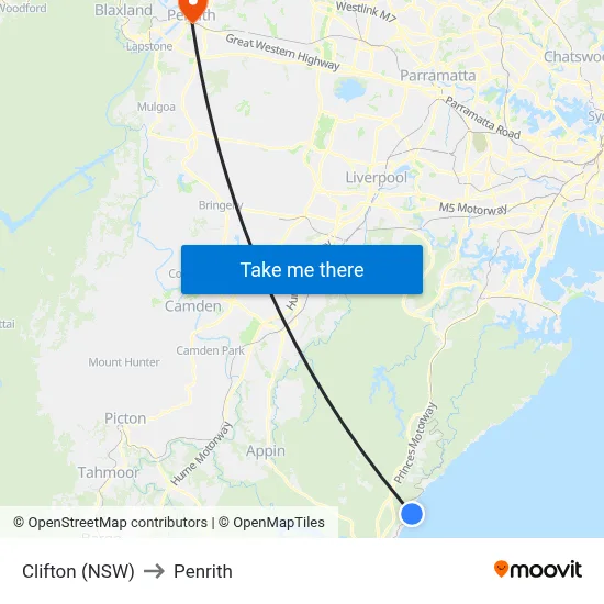 Clifton (NSW) to Penrith map