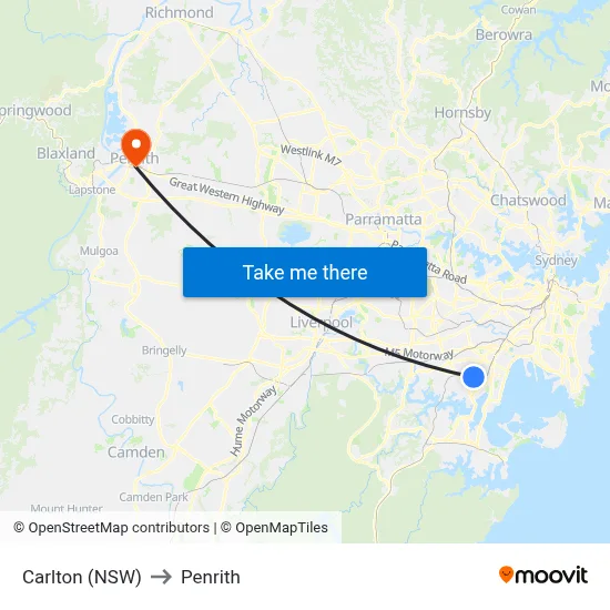 Carlton (NSW) to Penrith map