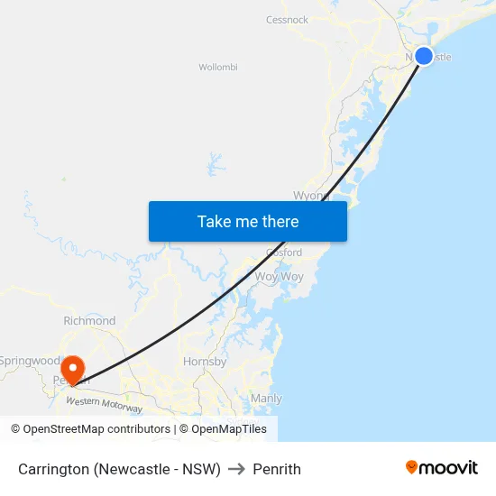 Carrington (Newcastle - NSW) to Penrith map