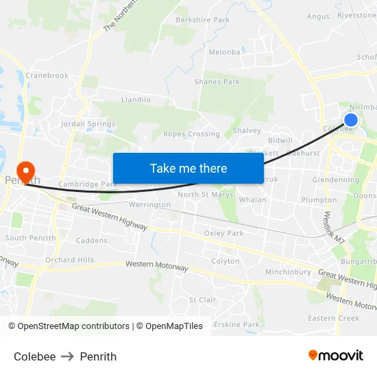 Colebee to Penrith map