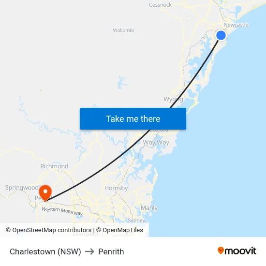 Charlestown (NSW) to Penrith map