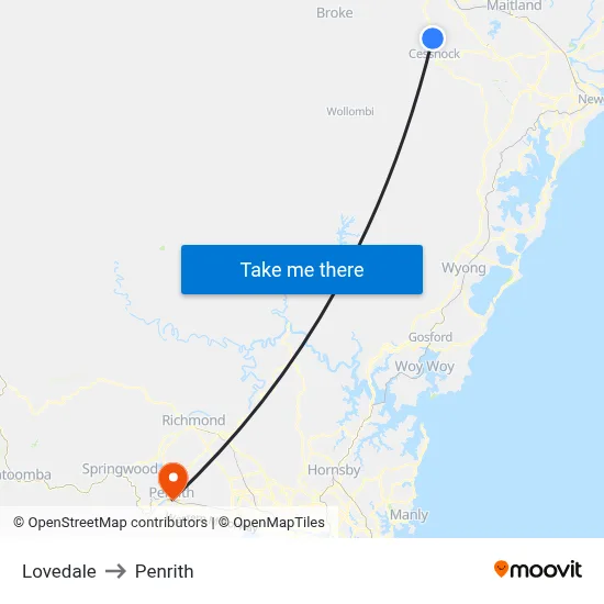 Lovedale to Penrith map