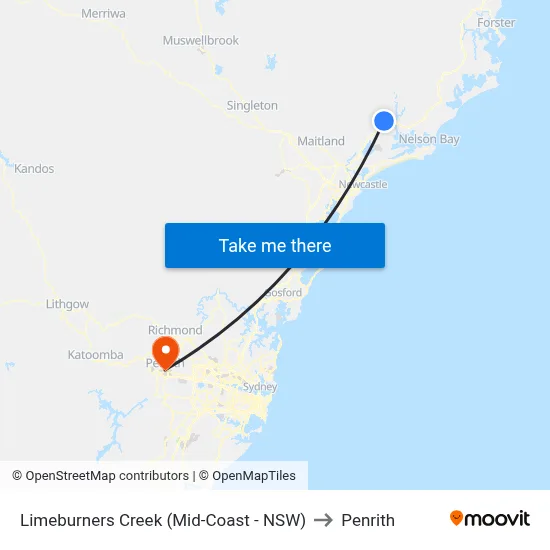 Limeburners Creek (Mid-Coast - NSW) to Penrith map