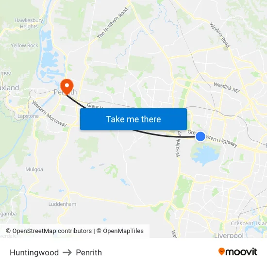 Huntingwood to Penrith map