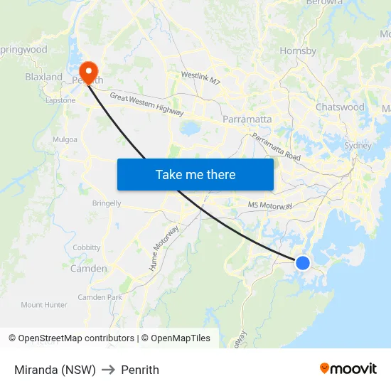 Miranda (NSW) to Penrith map