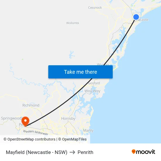 Mayfield (Newcastle - NSW) to Penrith map
