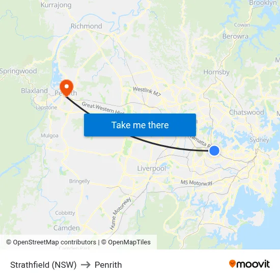 Strathfield (NSW) to Penrith map