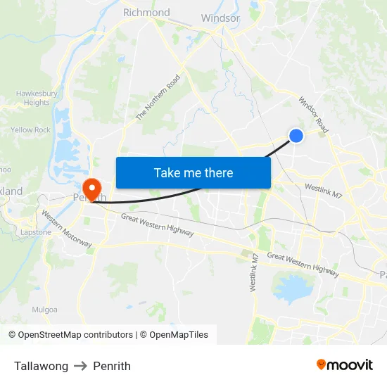 Tallawong to Penrith map