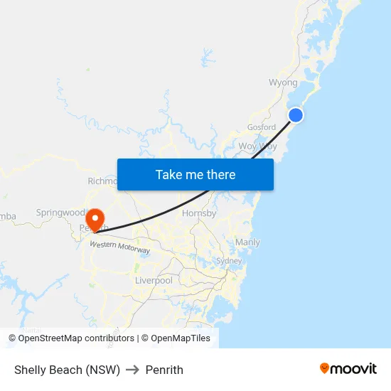 Shelly Beach (NSW) to Penrith map