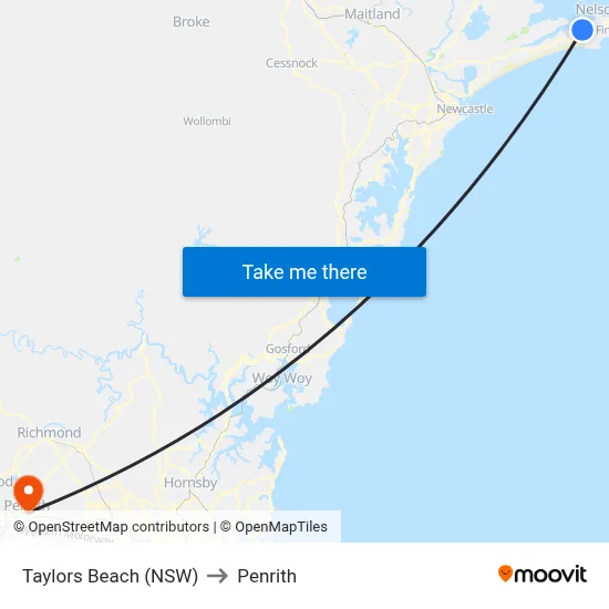Taylors Beach (NSW) to Penrith map