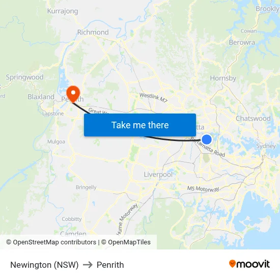 Newington (NSW) to Penrith map