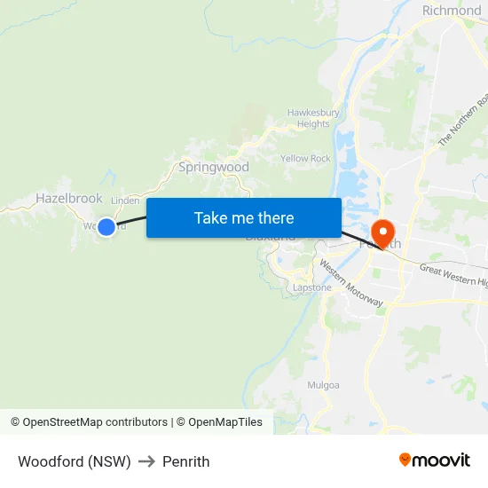 Woodford (NSW) to Penrith map