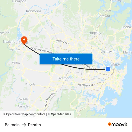 Balmain to Penrith map