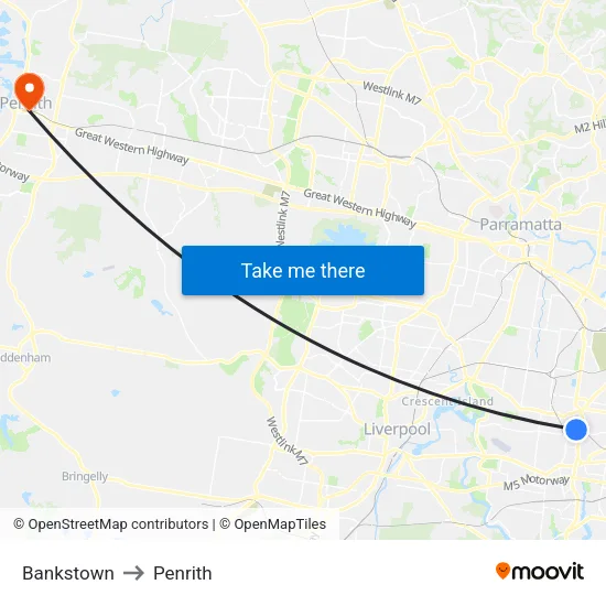 Bankstown to Penrith map