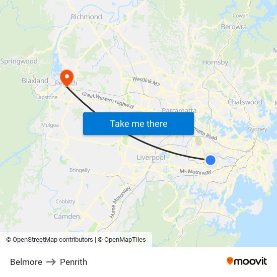 Belmore to Penrith map