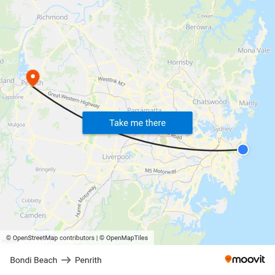 Bondi Beach to Penrith map