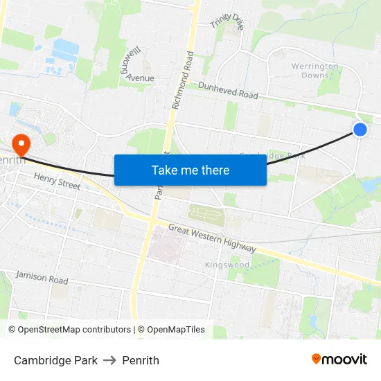 Cambridge Park to Penrith map