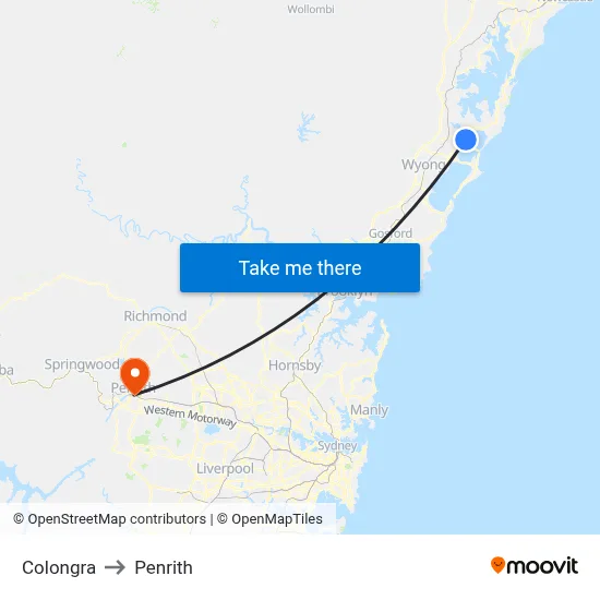 Colongra to Penrith map