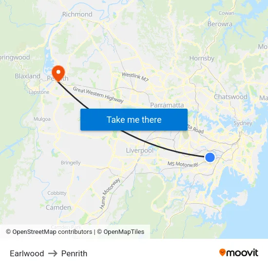 Earlwood to Penrith map