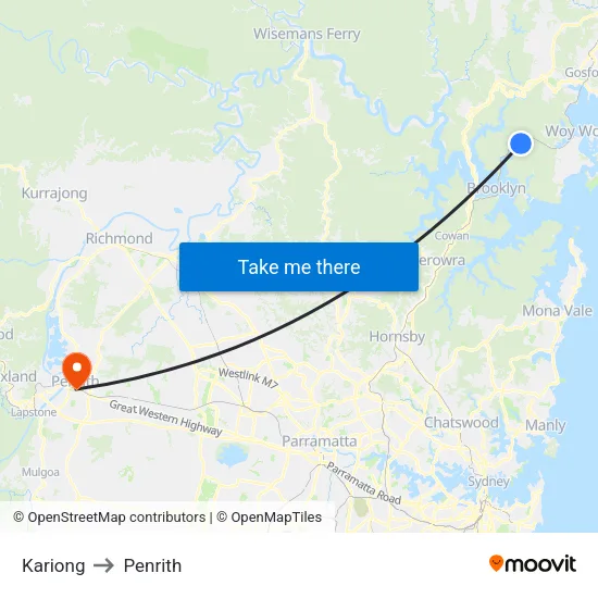 Kariong to Penrith map