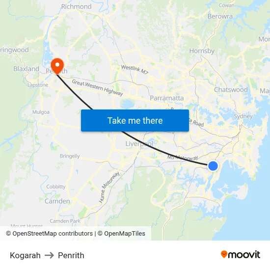 Kogarah to Penrith map