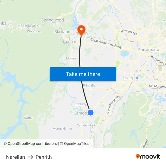 Narellan to Penrith map