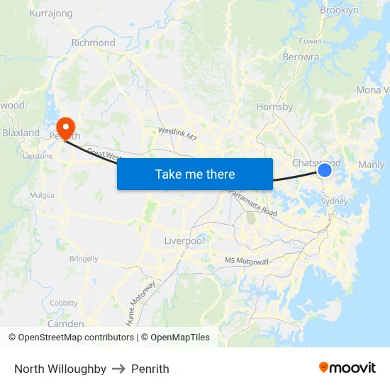 North Willoughby to Penrith map