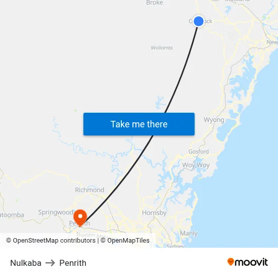 Nulkaba to Penrith map
