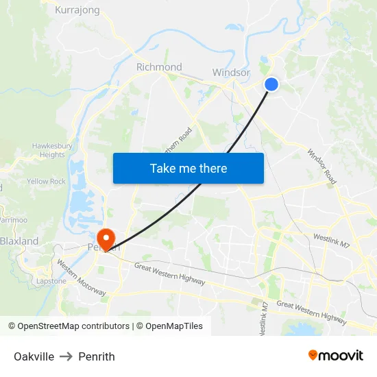 Oakville to Penrith map