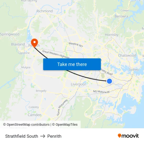 Strathfield South to Penrith map
