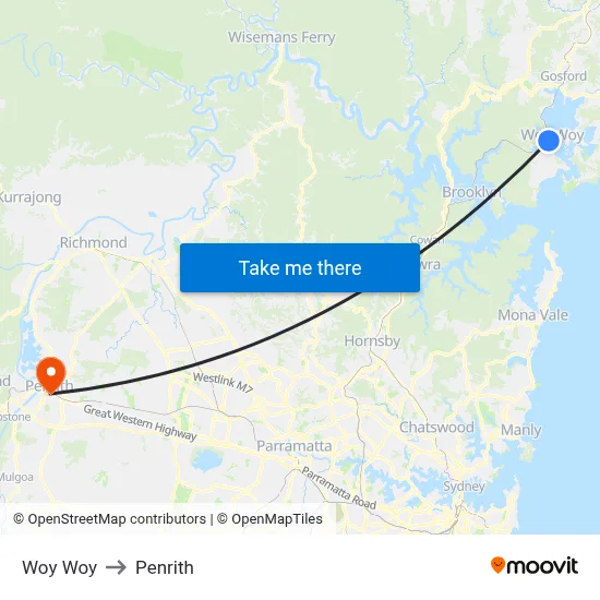 Woy Woy to Penrith map