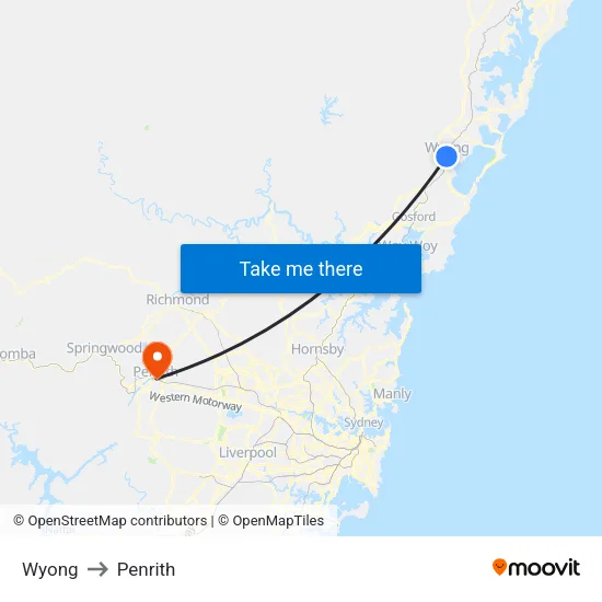 Wyong to Penrith map