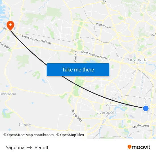 Yagoona to Penrith map
