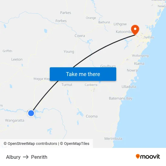 Albury to Penrith map