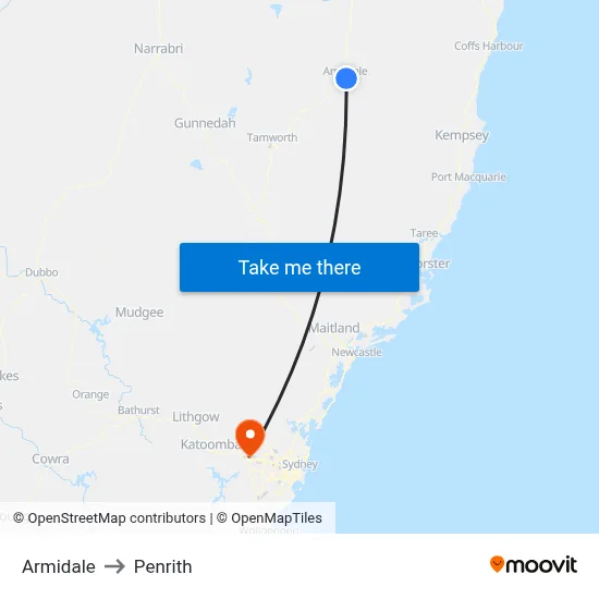 Armidale to Penrith map