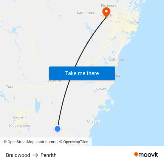 Braidwood to Penrith map