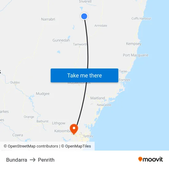 Bundarra to Penrith map