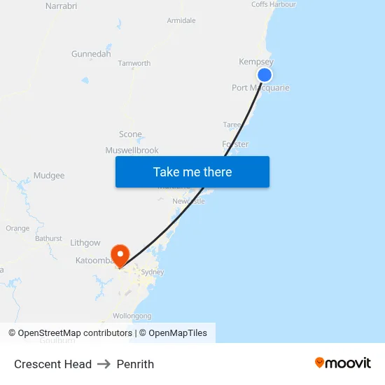 Crescent Head to Penrith map