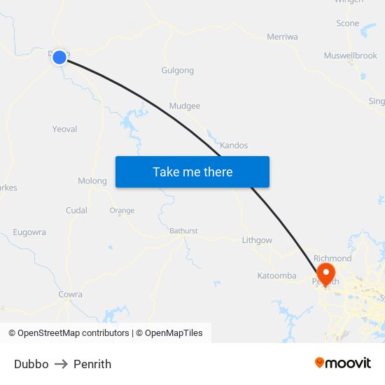 Dubbo to Penrith map