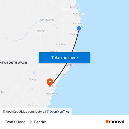 Evans Head to Penrith map