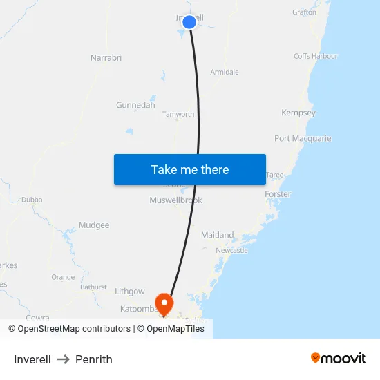 Inverell to Penrith map