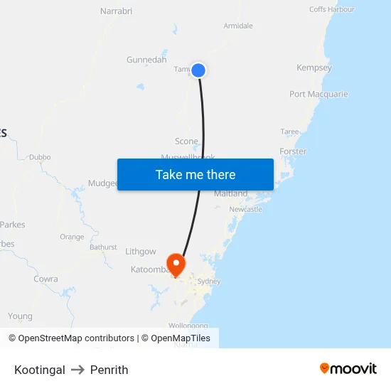Kootingal to Penrith map