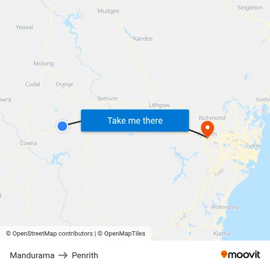 Mandurama to Penrith map